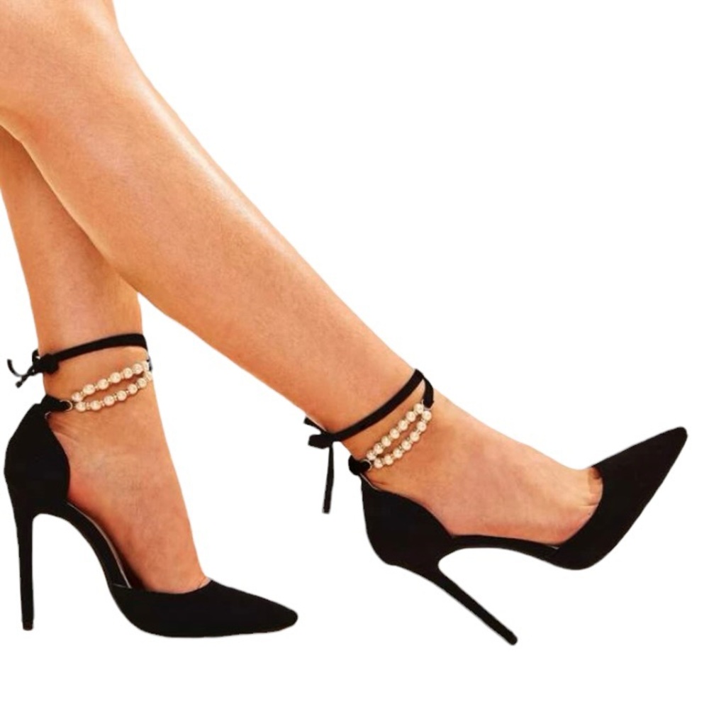 Point Toe Faux Pearl Ankle Strap Stiletto Heel